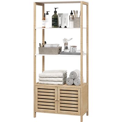 HEAT Armoire De Salle De Bain Colonne En Bambou Avec 3 Étagères Et 1 Compartiment De Rangement, 63 X 30 X 138 Cm, Bois Naturel Et Blanc - Publicité HEAT Armoire De Salle De Bain Colonne En Bambou Avec 3 Étagères Et 1 Compartiment De Rangement, 63 X 30 X 138 Cm, Bois Naturel Et Blanc - Publicité