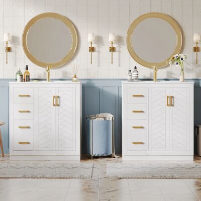 SANS MARQUE Lot De 2 Meuble De Salle De Bain Avec Lavabo & 3 Tiroirs & Plateau Latéral, Meuble De Salle De Bain, Lavabo En Céramique, 76,5×46,5×84,5cm - Publicité SANS MARQUE Lot De 2 Meuble De Salle De Bain Avec Lavabo & 3 Tiroirs & Plateau Latéral, Meuble De Salle De Bain, Lavabo En Céramique, 76,5×46,5×84,5cm - Publicité