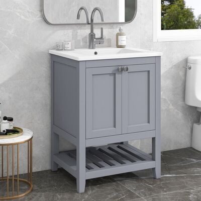 ACKERMAN Meuble De Salle De Bain, Vasque Simple Avec Meuble Sous Vasque 60cm Avec Lavabo En Céramique, Gris Clair - Publicité ACKERMAN Meuble De Salle De Bain, Vasque Simple Avec Meuble Sous Vasque 60cm Avec Lavabo En Céramique, Gris Clair - Publicité