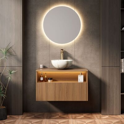 ACKERMAN Meuble Vasque Suspendu 80cm Pour Salle De Bain Avec Vasque Céramique Blanche Bol Motif De Pierre, Armoire En Contreplaqué Rayé Avec Tiroir Et Étagère, Capteur De Lumière, Pré-monté, Grain De Chêne Bru - Publicité ACKERMAN Meuble Vasque Suspendu 80cm Pour Salle De Bain Avec Vasque Céramique Blanche Bol Motif De Pierre, Armoire En Contreplaqué Rayé Avec Tiroir Et Étagère, Capteur De Lumière, Pré-monté, Grain De Chêne Bru - Publicité