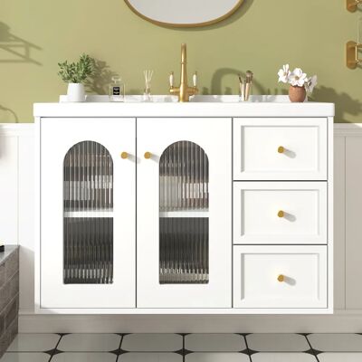 SANS MARQUE Meuble De Salle De Bain 80 Cm Suspendu Avec Lavabo En Céramique, 2 Tiroirs, Placard Porte Vitrée Réglable, Grand Rangement - Publicité SANS MARQUE Meuble De Salle De Bain 80 Cm Suspendu Avec Lavabo En Céramique, 2 Tiroirs, Placard Porte Vitrée Réglable, Grand Rangement - Publicité