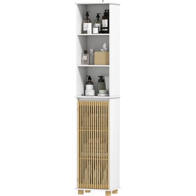HEAT Colonne De Salle De Bain, Meuble De Salle De Bain Avec Porte À Lattes En Bambou Et Compartiments Ouverts, Blanc - Publicité HEAT Colonne De Salle De Bain, Meuble De Salle De Bain Avec Porte À Lattes En Bambou Et Compartiments Ouverts, Blanc - Publicité