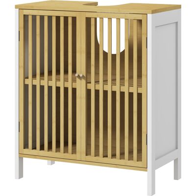 HEAT Meuble Vasque Deux Portes Avec Étagère Réglable Et Caisson Sous-vasque, 60 X 30 X 70 Cm, Mdf Et Bambou - Publicité HEAT Meuble Vasque Deux Portes Avec Étagère Réglable Et Caisson Sous-vasque, 60 X 30 X 70 Cm, Mdf Et Bambou - Publicité