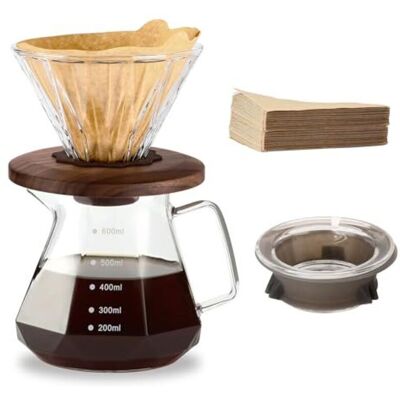 Scotch Cafetière À Filtre Manuel, Carafe En Verre Borosilicate De 600 Ml Avec 100 Filtres En Papier Taille 02, Poignée En Noyer Et Couvercle En Verre Transparent - Publicité Scotch Cafetière À Filtre Manuel, Carafe En Verre Borosilicate De 600 Ml Avec 100 Filtres En Papier Taille 02, Poignée En Noyer Et Couvercle En Verre Transparent - Publicité