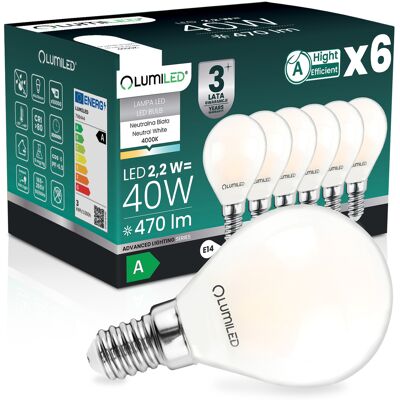 OEM Lot De 6 Ampoules Led E14 Sphériques P45 2,2 W 470 Lm (équivalent 40 W, 4000 K, Neutre, Filament 360°, Classe A) Lumiled - Publicité OEM Lot De 6 Ampoules Led E14 Sphériques P45 2,2 W 470 Lm (équivalent 40 W, 4000 K, Neutre, Filament 360°, Classe A) Lumiled - Publicité