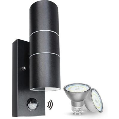 ABYSSE Applique Murale D'Extérieur À Led Avec Détecteur De Mouvement Pir Ip44, Noire, Avec 2 Ampoules Gu10 De 5 W, Blanc Chaud/3 000 K - Publicité ABYSSE Applique Murale D'Extérieur À Led Avec Détecteur De Mouvement Pir Ip44, Noire, Avec 2 Ampoules Gu10 De 5 W, Blanc Chaud/3 000 K - Publicité