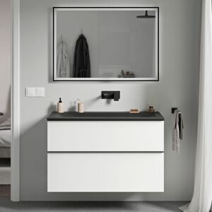 Bernstein - Meuble De Salle De Bain Avec Vasque Fonte Minérale, 2 Tiroirs Et Poignées Métal - 100x45,5x62cm (lxpxh) - Lavoa - Couleur Meuble, Lavabo Et Poignée : Blanc Mat, Chrome, Noir Mat Sans Trou - Publicité Bernstein - Meuble De Salle De Bain Avec Vasque Fonte Minérale, 2 Tiroirs Et Poignées Métal - 100x45,5x62cm (lxpxh) - Lavoa - Couleur Meuble, Lavabo Et Poignée : Blanc Mat, Chrome, Noir Mat Sans Trou - Publicité