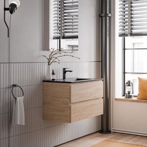 Bernstein - Meuble Vasque Suspendu Salle De Bain Mdf Chêne Miel, Lavabo Céramique Noir Mat + Trou Robinet, Trop Plein & Bonde - 80x46x50cm - Ava Noir Mat, Chêne Miel Doré - Publicité Bernstein - Meuble Vasque Suspendu Salle De Bain Mdf Chêne Miel, Lavabo Céramique Noir Mat + Trou Robinet, Trop Plein & Bonde - 80x46x50cm - Ava Noir Mat, Chêne Miel Doré - Publicité