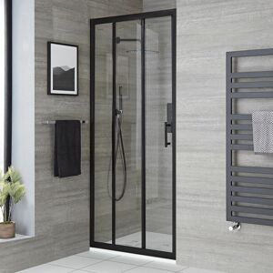 Nox - Porte de Douche Coulissante à Trois Volets avec Receveur Effet Texturé Blanc - 80 x 90cm - Noir - Hudson Reed - Publicité