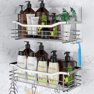 Vision Étagère De Douche Avec 5 Crochets, Organiseur Adhésif, Support De Rangement Mural Antirouille En Acier Inoxydable, Sans Perçage, Pour Salle De Bain, Toilettes Et Cuisine (lot De 2) - Publicité Vision Étagère De Douche Avec 5 Crochets, Organiseur Adhésif, Support De Rangement Mural Antirouille En Acier Inoxydable, Sans Perçage, Pour Salle De Bain, Toilettes Et Cuisine (lot De 2) - Publicité
