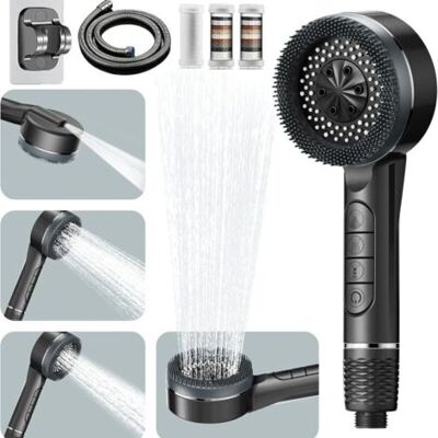 ABYSSE Pommeau Douche Haute Pression, Pommeau De Douche Anti Calcaire, Avec Tuyau 1.5m Et Support De Douche, 4 Types De Jets Pommeau Douche Economie Deau Avec Bouton D'Arrêt D'Eau, Gris Argenté - Publicité ABYSSE Pommeau Douche Haute Pression, Pommeau De Douche Anti Calcaire, Avec Tuyau 1.5m Et Support De Douche, 4 Types De Jets Pommeau Douche Economie Deau Avec Bouton D'Arrêt D'Eau, Gris Argenté - Publicité