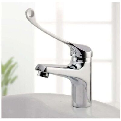 Scotch Mitigeur Lavabo Avec Poignée Médicale, Robinet De Salle De Bains Pmr, Chromé, Argent Poignée Allongée - Publicité Scotch Mitigeur Lavabo Avec Poignée Médicale, Robinet De Salle De Bains Pmr, Chromé, Argent Poignée Allongée - Publicité
