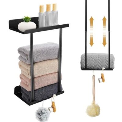 ABYSSE Porte-serviettes Réglable En Hauteur Avec Étagère Et Crochet, 38-75 Cm, Sans Perçage, Noir - Publicité ABYSSE Porte-serviettes Réglable En Hauteur Avec Étagère Et Crochet, 38-75 Cm, Sans Perçage, Noir - Publicité