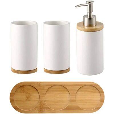 MOXIE Lot De 4 Ensemble D'Accessoires De Salle De Bain En Céramique, Porte-brosse À Dents, Distributeur De Savon, Gobelet, Plateau En Bambou(blanche) - Publicité MOXIE Lot De 4 Ensemble D'Accessoires De Salle De Bain En Céramique, Porte-brosse À Dents, Distributeur De Savon, Gobelet, Plateau En Bambou(blanche) - Publicité