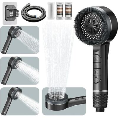ABYSSE Pommeau De Douche Haute Pression, Pommeau Douche Economie Deau 4 Types De Jets Pommeau De Douche Anti Calcaire Avec Tuyau Douche 1.5m Et Support De Douche, Avec Bouton D'Arrêt D'Eau, Gris - Publicité ABYSSE Pommeau De Douche Haute Pression, Pommeau Douche Economie Deau 4 Types De Jets Pommeau De Douche Anti Calcaire Avec Tuyau Douche 1.5m Et Support De Douche, Avec Bouton D'Arrêt D'Eau, Gris - Publicité