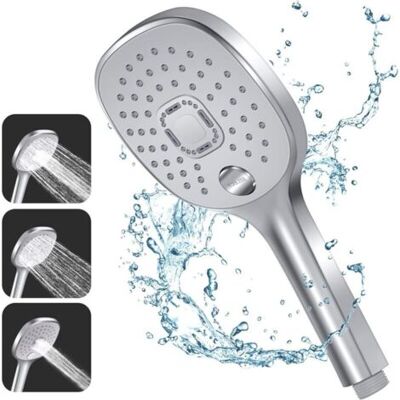ABYSSE Pommeau Douche, 3 Types De Jets Avec Poignée Durable Et Buse En Silicone Respectueuse De L'Environnement, Grand Pommeau De Douche Argenté (pommeau De Douche Sans Tuyau) - Publicité ABYSSE Pommeau Douche, 3 Types De Jets Avec Poignée Durable Et Buse En Silicone Respectueuse De L'Environnement, Grand Pommeau De Douche Argenté (pommeau De Douche Sans Tuyau) - Publicité