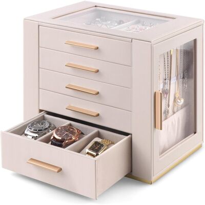 OEM Grande Boîte À Bijoux Pour Femme - Organisateur 5 Niveaux En Cuir Pu Avec Couvercle Vitré - Coffret Pour Bagues, Boucles D’oreilles, Colliers, Bracelets Et Montres - Design Élégant, Beige - Publicité OEM Grande Boîte À Bijoux Pour Femme - Organisateur 5 Niveaux En Cuir Pu Avec Couvercle Vitré - Coffret Pour Bagues, Boucles D’oreilles, Colliers, Bracelets Et Montres - Design Élégant, Beige - Publicité