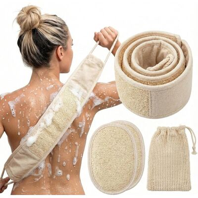 OEM Natural Loofah Back Scrubber Pour Douche Pour Hommes Et Femmes, Éponge Loofah Exfoliante Avec Épargne-savon, 4 Pièces - Publicité OEM Natural Loofah Back Scrubber Pour Douche Pour Hommes Et Femmes, Éponge Loofah Exfoliante Avec Épargne-savon, 4 Pièces - Publicité
