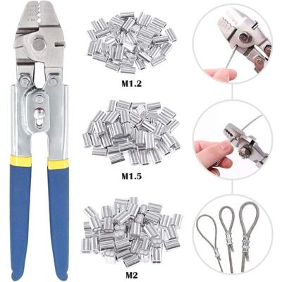 Scotch Pince À Sertir Pour Câbles Métalliques Jusqu'à 2,2 Mm Avec 150 Manchons À Double Sertissage En Aluminium En 3 Tailles - Publicité Scotch Pince À Sertir Pour Câbles Métalliques Jusqu'à 2,2 Mm Avec 150 Manchons À Double Sertissage En Aluminium En 3 Tailles - Publicité