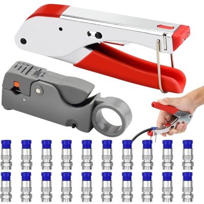 MOXIE Jeu De Pinces À Sertir,pince À Dénuder De Câbles,pinces À Sertir Avec 20 Fiches F Câble Coaxial Kit D'Outils De Compression Rg59 Rg6 Pince À Sertir À Double Lame Les Fils Kit De Sertissage - Publicité MOXIE Jeu De Pinces À Sertir,pince À Dénuder De Câbles,pinces À Sertir Avec 20 Fiches F Câble Coaxial Kit D'Outils De Compression Rg59 Rg6 Pince À Sertir À Double Lame Les Fils Kit De Sertissage - Publicité