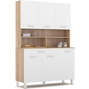 IDMARKET Buffet de cuisine 120 cm cina 6 portes + tiroir façon hêtre et blanc - Blanc - Publicité