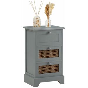 Idimex - Chiffonnier roshni 3 tiroirs, petit meuble de rangement design vintage élégant, commode en bois lasuré gris et rotin - Gris - Publicité