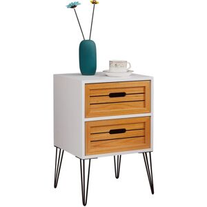 Idimex - Table de chevet estoril meuble de nuit avec 2 tiroirs de coloris blanc et bois naturel avec pieds épingle en métal noir - Blanc - Publicité