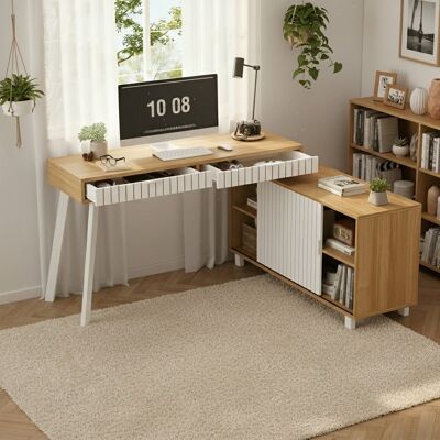 ACKERMAN Bureau En L 140x120x76,5 Cm, Style Moderne Minimaliste, Motif Vertical, Pieds En Acier, Deux Tiroirs, Armoire Spacieuse, Couleur Nature+blanc - Publicité ACKERMAN Bureau En L 140x120x76,5 Cm, Style Moderne Minimaliste, Motif Vertical, Pieds En Acier, Deux Tiroirs, Armoire Spacieuse, Couleur Nature+blanc - Publicité
