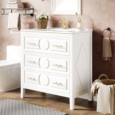 DEVOKO Armoire Salle De Bain Blanche 81 X 46, Meuble Rétro Autoportant À 3 Tiroirs Fermeture Douce Et Poignées Métalliques - Publicité DEVOKO Armoire Salle De Bain Blanche 81 X 46, Meuble Rétro Autoportant À 3 Tiroirs Fermeture Douce Et Poignées Métalliques - Publicité