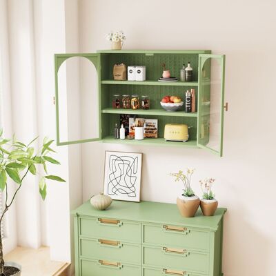 ALLAUVE Armoire Murale 2 Portes Vitrées 70 Cm, 3 Étagères Intégrées, Motif Tressé Vert, Pour Entrée Salon Salle De Bain Salle À Manger - Publicité ALLAUVE Armoire Murale 2 Portes Vitrées 70 Cm, 3 Étagères Intégrées, Motif Tressé Vert, Pour Entrée Salon Salle De Bain Salle À Manger - Publicité