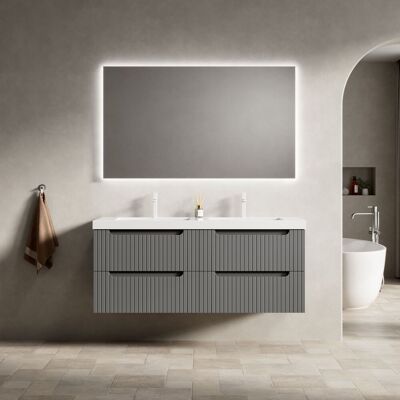 ALOVEZ Lavabo De Salle De Bain Flottant De 120 Cm. Équipé De Deux Éviers En Pierre Artificielle Épaisse. Meuble En Panneaux De Particules À Motif Rayé, Avec Quatre Tiroirs. Pré-assemblé. Couleur Gris Foncé. Publicité ALOVEZ Lavabo De Salle De Bain Flottant De 120 Cm. Équipé De Deux Éviers En Pierre Artificielle Épaisse. Meuble En Panneaux De Particules À Motif Rayé, Avec Quatre Tiroirs. Pré-assemblé. Couleur Gris Foncé. Publicité