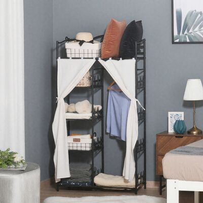 OEM Homcom Armoire Chambre Adulte (penderie Vêtements) Multi-rangements : 5 Étagères Métal Noir + 2 Rideaux Blanc 84lx42lx159h Cm - Publicité OEM Homcom Armoire Chambre Adulte (penderie Vêtements) Multi-rangements : 5 Étagères Métal Noir + 2 Rideaux Blanc 84lx42lx159h Cm - Publicité