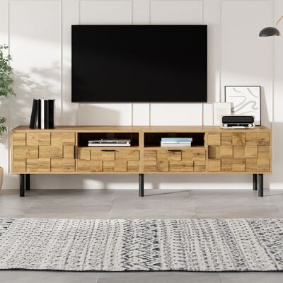 LEMONBEST Meuble Tv Bas 160 X 35 X 42,5 Cm, Meuble Salon Façade Mosaïque Avec 2 Portes, 2 Tiroirs Et 2 Niches Passe-câbles, Panneaux, Naturel Et Noir - Publicité LEMONBEST Meuble Tv Bas 160 X 35 X 42,5 Cm, Meuble Salon Façade Mosaïque Avec 2 Portes, 2 Tiroirs Et 2 Niches Passe-câbles, Panneaux, Naturel Et Noir - Publicité