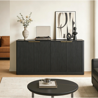 BEAOK Buffet En Mdf Noir 150 X 40 X 70,5 Cm, 4 Portes, Plateau Effet Bois, Meuble De Rangement Polyvalent - Publicité BEAOK Buffet En Mdf Noir 150 X 40 X 70,5 Cm, 4 Portes, Plateau Effet Bois, Meuble De Rangement Polyvalent - Publicité