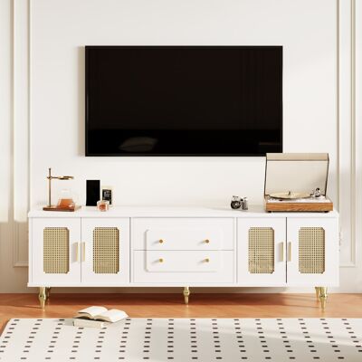 OEM Meuble Tv De Style Rétro Avec Poignées Dorées Et Grand Espace De Rangement. Porte En Rotin Et Pieds En Métal. Publicité OEM Meuble Tv De Style Rétro Avec Poignées Dorées Et Grand Espace De Rangement. Porte En Rotin Et Pieds En Métal. Publicité