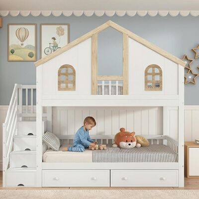 OEM Lit Superposé Pour Enfant, Avec Barrière De Sécurité Contrastée, Fenêtre, Deux Tiroirs À Roulettes, Escalier Avec 4 Compartiments De Rangement, Pin Et Mdf, Blanc Et Naturel, 90 X 200 Cm - Publicité OEM Lit Superposé Pour Enfant, Avec Barrière De Sécurité Contrastée, Fenêtre, Deux Tiroirs À Roulettes, Escalier Avec 4 Compartiments De Rangement, Pin Et Mdf, Blanc Et Naturel, 90 X 200 Cm - Publicité
