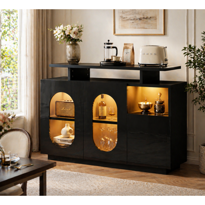 LEMONBEST Buffet 140x35x80 Cm Avec Éclairage Led Vitrine Ovale Rangements Étagères Réglables Brillant Noir - Publicité LEMONBEST Buffet 140x35x80 Cm Avec Éclairage Led Vitrine Ovale Rangements Étagères Réglables Brillant Noir - Publicité
