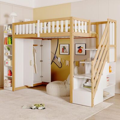 OEM , Lit Mezzanine Multifonctionnel 90x200cm Avec Étagères, Armoire De Rangement Et Grande Penderie, Échelle De Sécurité Avec Compartiments De Rangement... Publicité OEM , Lit Mezzanine Multifonctionnel 90x200cm Avec Étagères, Armoire De Rangement Et Grande Penderie, Échelle De Sécurité Avec Compartiments De Rangement... Publicité