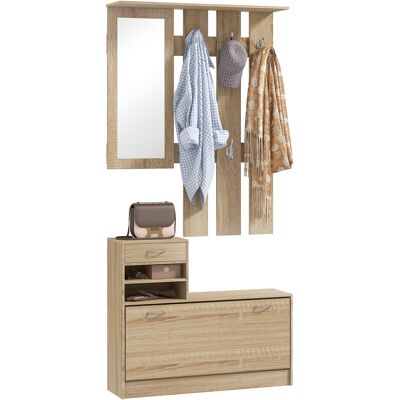 ARRIGONI Meuble D'Entrée Vestiaire Panneau Porte-manteau, Miroir Et Banc À Chaussures - 6 Crochets 90x10x91cm Effet Bois Naturel - Publicité ARRIGONI Meuble D'Entrée Vestiaire Panneau Porte-manteau, Miroir Et Banc À Chaussures - 6 Crochets 90x10x91cm Effet Bois Naturel - Publicité