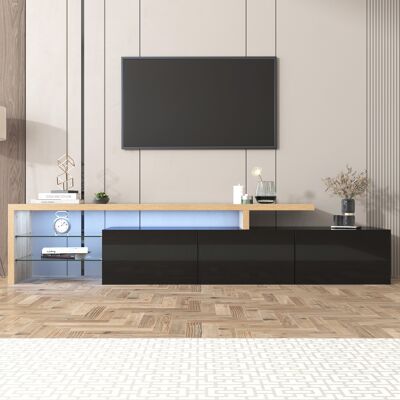 LIBERTÉ Meuble Tv Led Noir Brillant Avec Étagères En Verre Et Grand Rangement-197.5x39x42cm - Publicité LIBERTÉ Meuble Tv Led Noir Brillant Avec Étagères En Verre Et Grand Rangement-197.5x39x42cm - Publicité