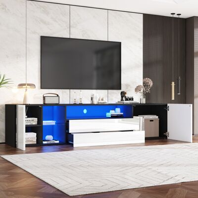 ACKERMAN Meuble Tv 180 X 40 X 45 Cm, Meuble Tv Bas Laqué Brillant Avec Éclairage Led, Meuble Tv Avec 2 Tiroirs Et 2 Placards, Compatible Avec Les Téléviseurs Jusqu'à 75 Pouces, Meuble Tv Bicolore Noir Et Blanc - Publicité ACKERMAN Meuble Tv 180 X 40 X 45 Cm, Meuble Tv Bas Laqué Brillant Avec Éclairage Led, Meuble Tv Avec 2 Tiroirs Et 2 Placards, Compatible Avec Les Téléviseurs Jusqu'à 75 Pouces, Meuble Tv Bicolore Noir Et Blanc - Publicité