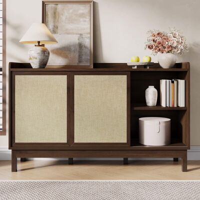 CHINGNIMON Buffet Bas Rétro 150 Cm, Portes Coulissantes Sans Poignée, 2 Tiroirs, Étagères Réglables, Finition Bois Naturel - Publicité CHINGNIMON Buffet Bas Rétro 150 Cm, Portes Coulissantes Sans Poignée, 2 Tiroirs, Étagères Réglables, Finition Bois Naturel - Publicité