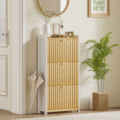 OEM Homcom Meuble À Chaussures 18 Paires - 3 Tiroirs Rabattables, Portes En Bambou À Lattes, 60x24x118cm, Blanc & Bois Naturel - Publicité OEM Homcom Meuble À Chaussures 18 Paires - 3 Tiroirs Rabattables, Portes En Bambou À Lattes, 60x24x118cm, Blanc & Bois Naturel - Publicité