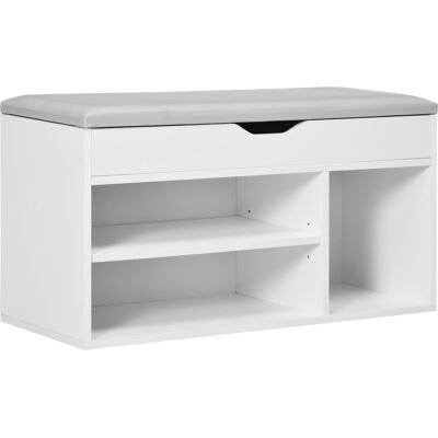 ARRIGONI Meuble Chaussures Banc À Chaussures 2 Niveaux Rangement, Niche + Coffre Intégré Avec Coussin Blanc - Publicité ARRIGONI Meuble Chaussures Banc À Chaussures 2 Niveaux Rangement, Niche + Coffre Intégré Avec Coussin Blanc - Publicité