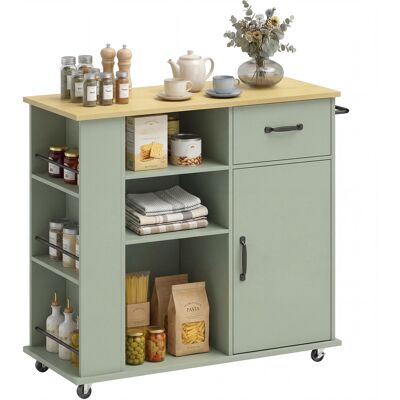ARRIGONI Desserte De Cuisine À Roulettes, Îlot Central Cuisine Avec Tiroir, Porte, Compartiments Ouverts Et Porte-épices, Vert - Publicité ARRIGONI Desserte De Cuisine À Roulettes, Îlot Central Cuisine Avec Tiroir, Porte, Compartiments Ouverts Et Porte-épices, Vert - Publicité