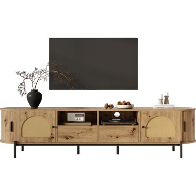 ACKERMAN Meuble Tv Ovale En Rotin, Portes Coulissantes, Tiroirs, Aspect Bois, Pieds En Métal, Meuble De Salon Multifonctionnel Avec Espace De Rangement - Publicité ACKERMAN Meuble Tv Ovale En Rotin, Portes Coulissantes, Tiroirs, Aspect Bois, Pieds En Métal, Meuble De Salon Multifonctionnel Avec Espace De Rangement - Publicité