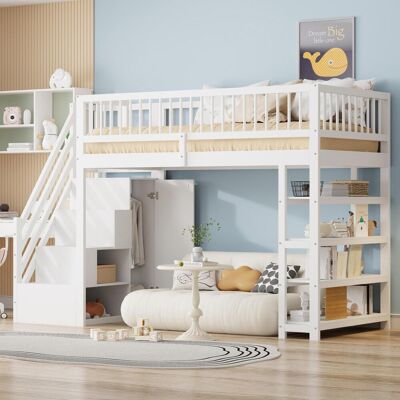OEM Lit Mezzanine 90 X 200 Cm, Conception Sécurisée Avec Barrière De Sécurité, Penderie, Étagères Et Espace De Rangement, Échelle D'Accès Sécurisée, Lit Multifonctionnel En Bois Massif, Blanc - Publicité OEM Lit Mezzanine 90 X 200 Cm, Conception Sécurisée Avec Barrière De Sécurité, Penderie, Étagères Et Espace De Rangement, Échelle D'Accès Sécurisée, Lit Multifonctionnel En Bois Massif, Blanc - Publicité