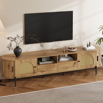 LEMONBEST Meuble Tv Ovale 200x40x49,5 Cm Avec 2 Portes Coulissantes En Rotin, 2 Tiroirs Et Étagères,pieds Métal,mdf,naturel - Publicité LEMONBEST Meuble Tv Ovale 200x40x49,5 Cm Avec 2 Portes Coulissantes En Rotin, 2 Tiroirs Et Étagères,pieds Métal,mdf,naturel - Publicité