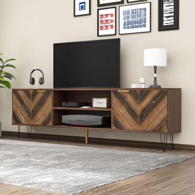 OEM Meuble Tv À Deux Portes En Placage Bois Massif. Meuble Tv À Deux Compartiments, Panneau Bas. Poignées Dorées Et Pieds En Fer. Publicité OEM Meuble Tv À Deux Portes En Placage Bois Massif. Meuble Tv À Deux Compartiments, Panneau Bas. Poignées Dorées Et Pieds En Fer. Publicité