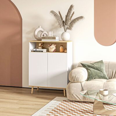 OEM Buffet Meuble De Rangement Sur Pieds Scandinave Placard 2 Portes Étagère Intérieure Blanc Aspect Bois - Publicité OEM Buffet Meuble De Rangement Sur Pieds Scandinave Placard 2 Portes Étagère Intérieure Blanc Aspect Bois - Publicité